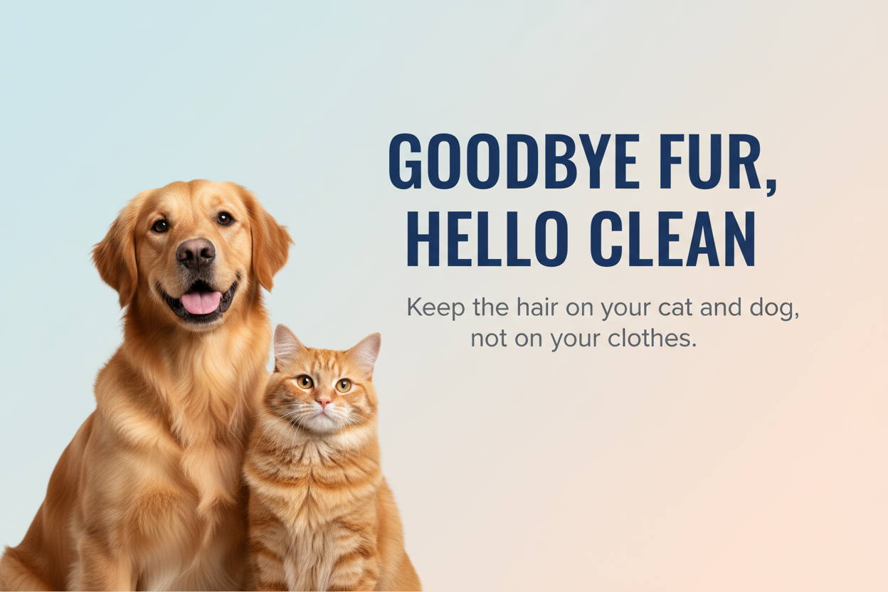 Create a clean and professional 3:2 ratio banner for a pet grooming product store called “Happy Tail.” The banner should feature a happy golden retriever and a cute orange cat side by side on a light background. Add large, bold headline text that says:
“GOODBYE FUR, HELLO CLEAN”
Below it, include smaller text that says:
“Keep the hair on your cat and dog, not on your clothes.”